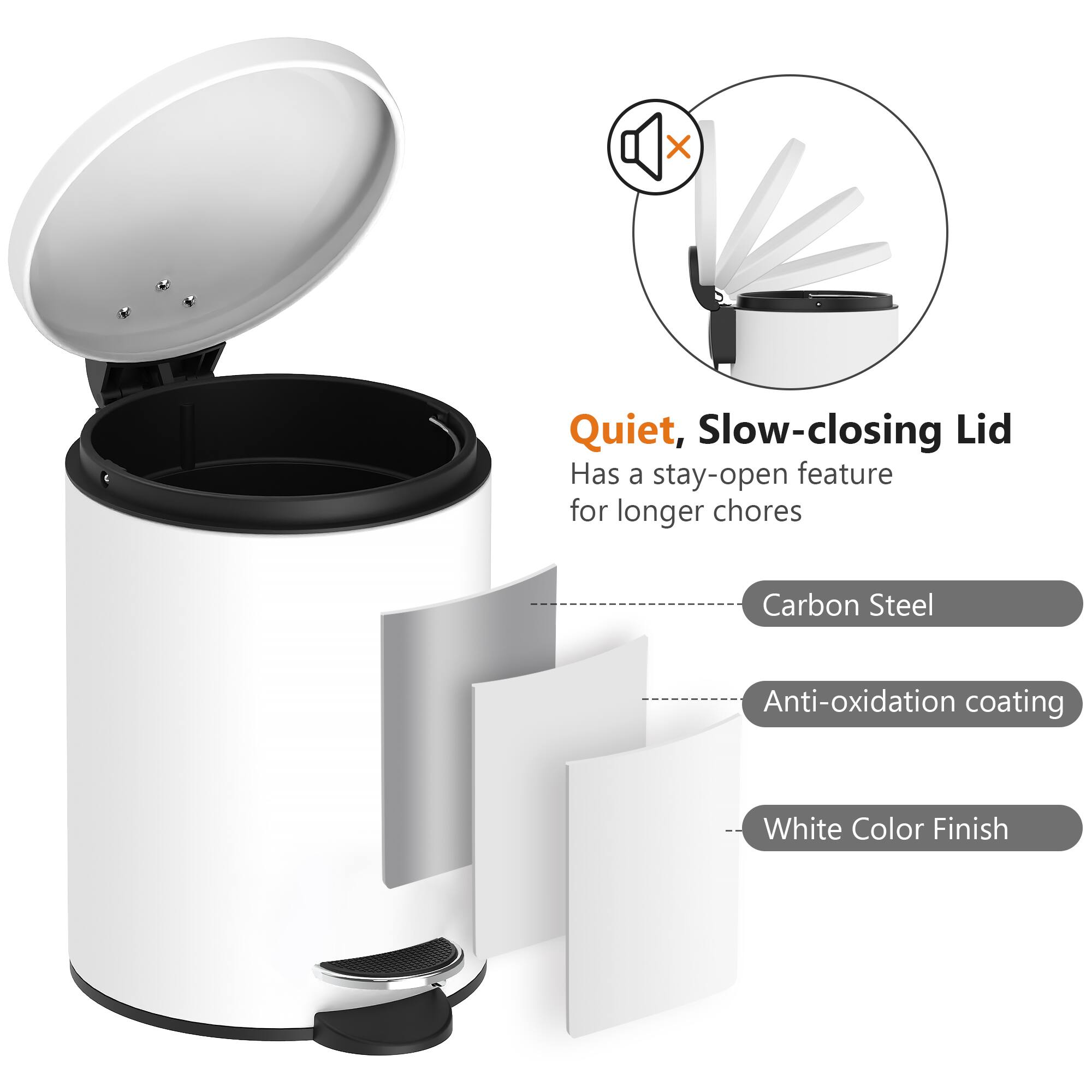 Quiet, Slow-closing Lid  
Has a stay-open feature for longer chores  

Carbon Steel  
Anti-oxidation coating  
White Color Finish