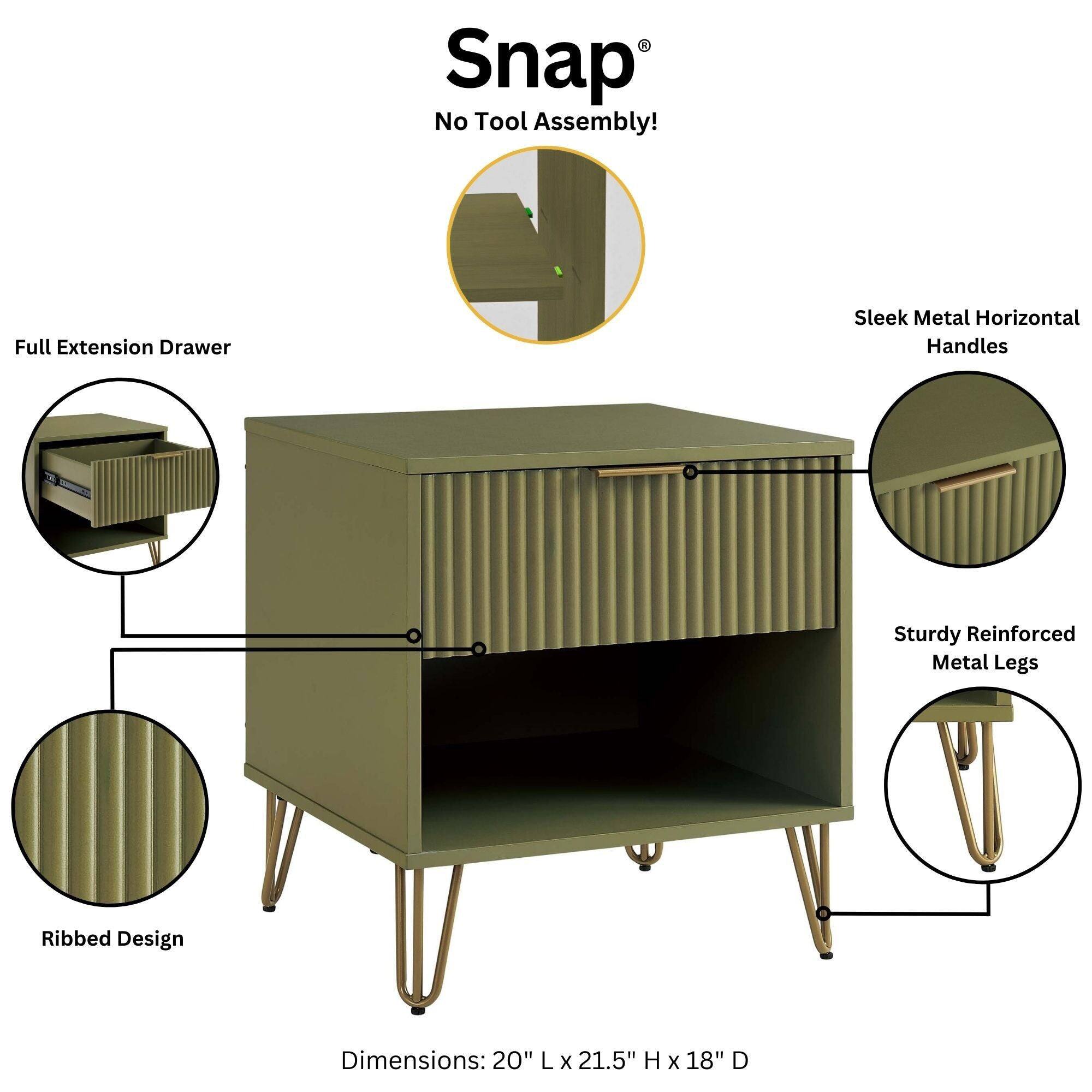 Snap®  
No Tool Assembly!  

Full Extension Drawer  
Sleek Metal Horizontal Handles  
Sturdy Reinforced Metal Legs  
Ribbed Design  

Dimensions: 20" L x 21.5" H x 18" D