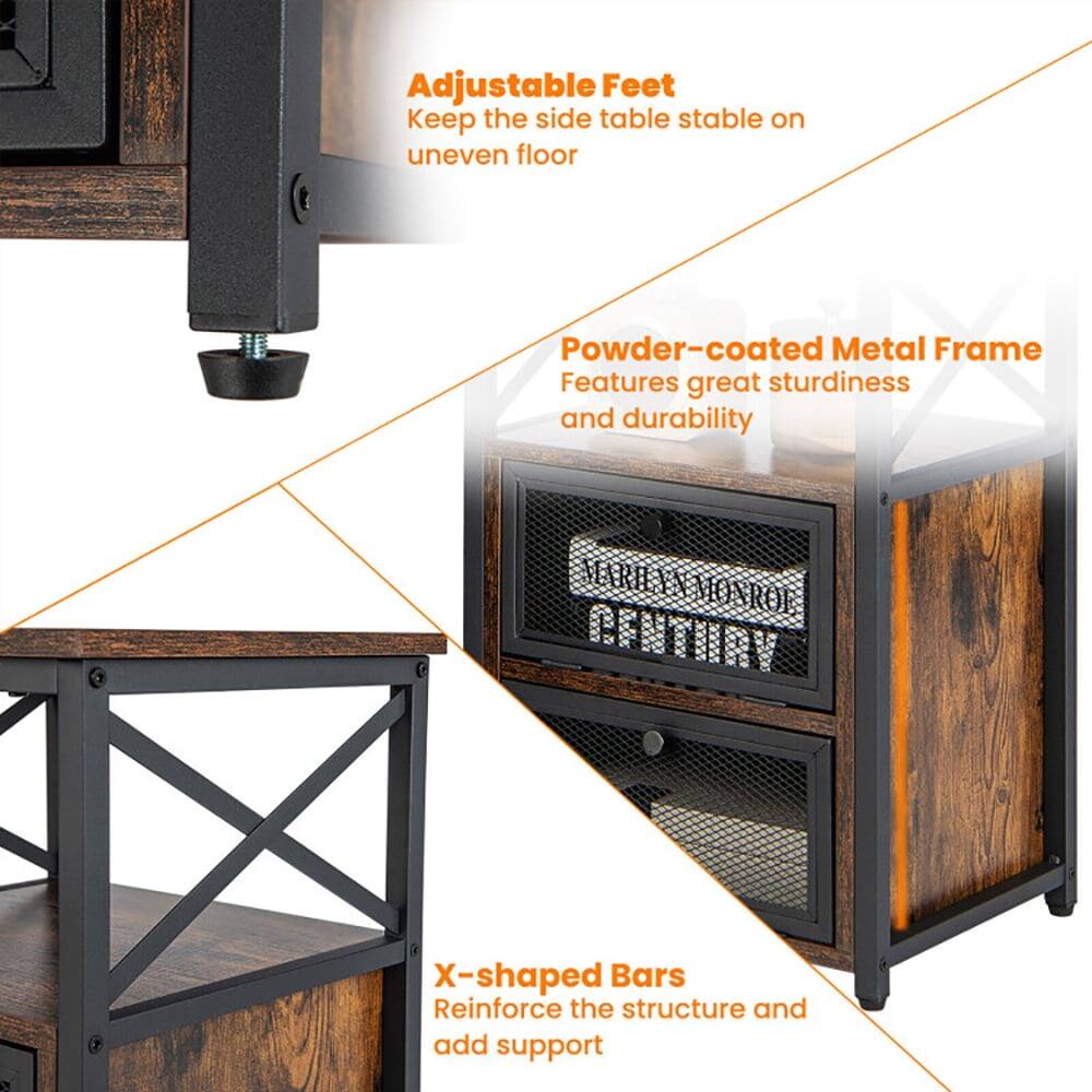 Adjustable Feet  
Keep the side table stable on uneven floor  

Powder-coated Metal Frame  
Features great sturdiness and durability  

X-shaped Bars  
Reinforce the structure and add support