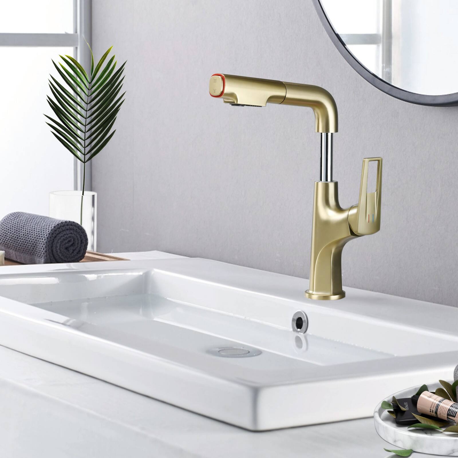 Alt View 1. Glintex - Brushed Gold Pull-Down Vessel Faucet - Single Hole Bathroom Sink Faucet with Lift Spout & Dual Spray Modes​ - Brushed Gold.