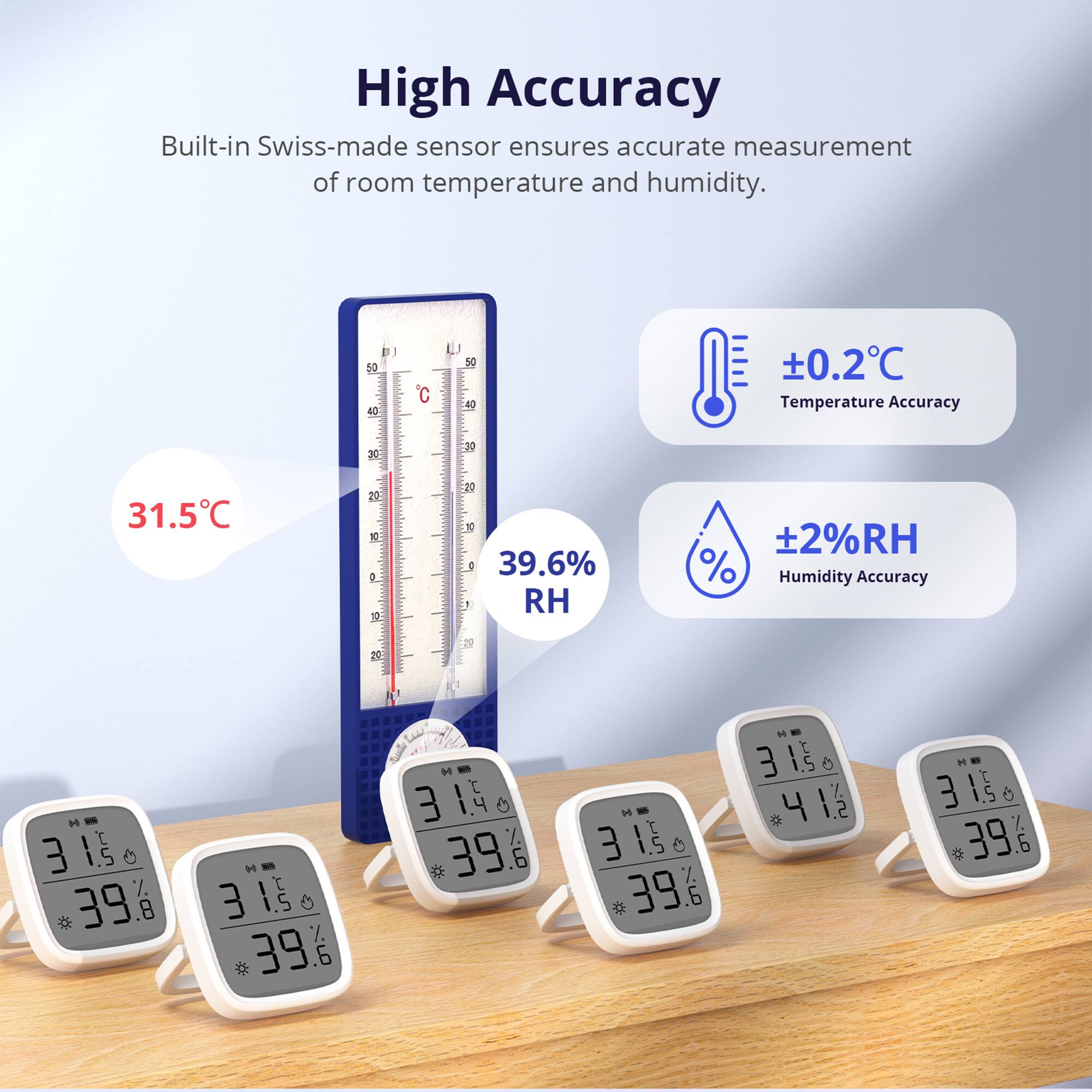 High Accuracy

Built-in Swiss-made sensor ensures accurate measurement of room temperature and humidity.

Temperature Accuracy: ±0.2°C

Humidity Accuracy: ±2%RH

31.5°C

39.6% RH