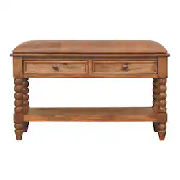 Artisan Furniture - Solid Wood Leather Spindle Bench, 2 Drawer - Brown