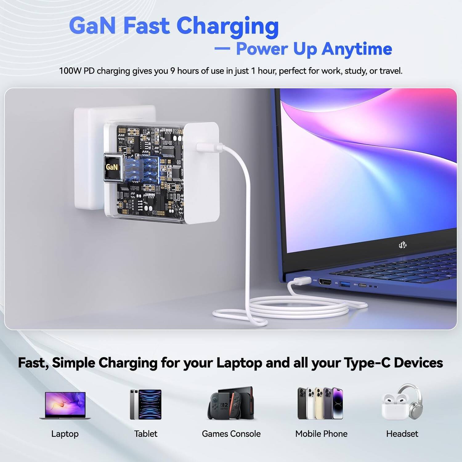 GaN Fast Charging  
— Power Up Anytime  

100W PD charging gives you 9 hours of use in just 1 hour, perfect for work, study, or travel.  

Fast, Simple Charging for your Laptop and all your Type-C Devices  

- Laptop  
- Tablet  
- Games Console  
- Mobile Phone  
- Headset