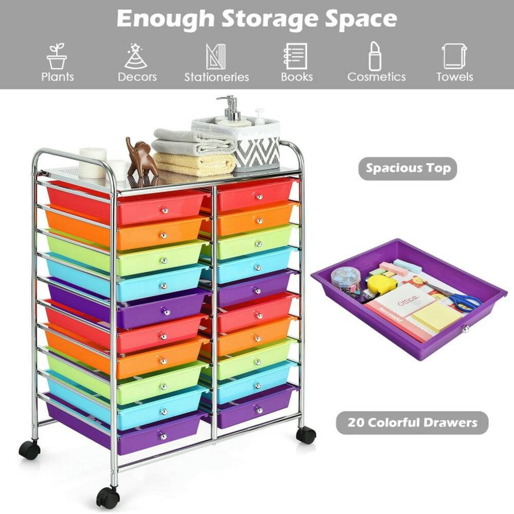 Enough Storage Space  
Plants  
Decors  
Stationeries  
Books  
Cosmetics  
Towels  

Spacious Top  

20 Colorful Drawers