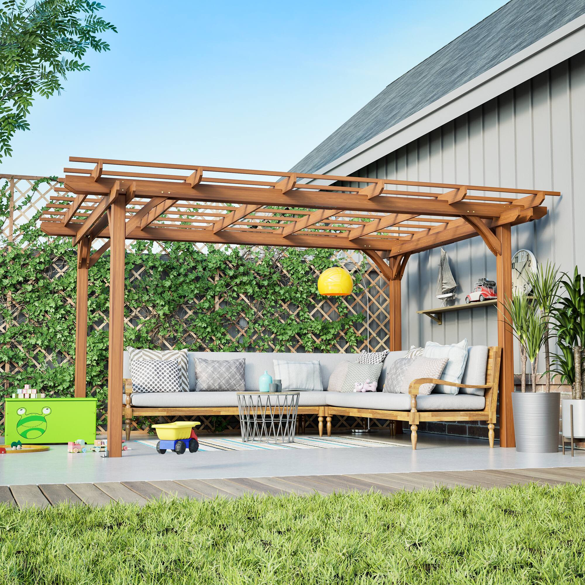 Left. Mondawe - 12 x 10 FT Outdoor Wooden Grape Pergola - Brown.