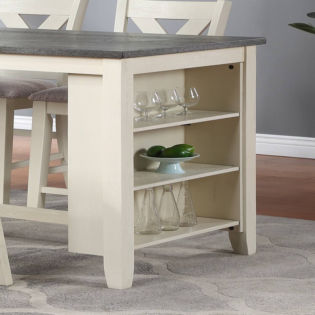 Back. Loheer - Loheer Counter Height Dining Table with Side Storage Shelves, Off-White Solid Wood, 60 Inches - Off-White.