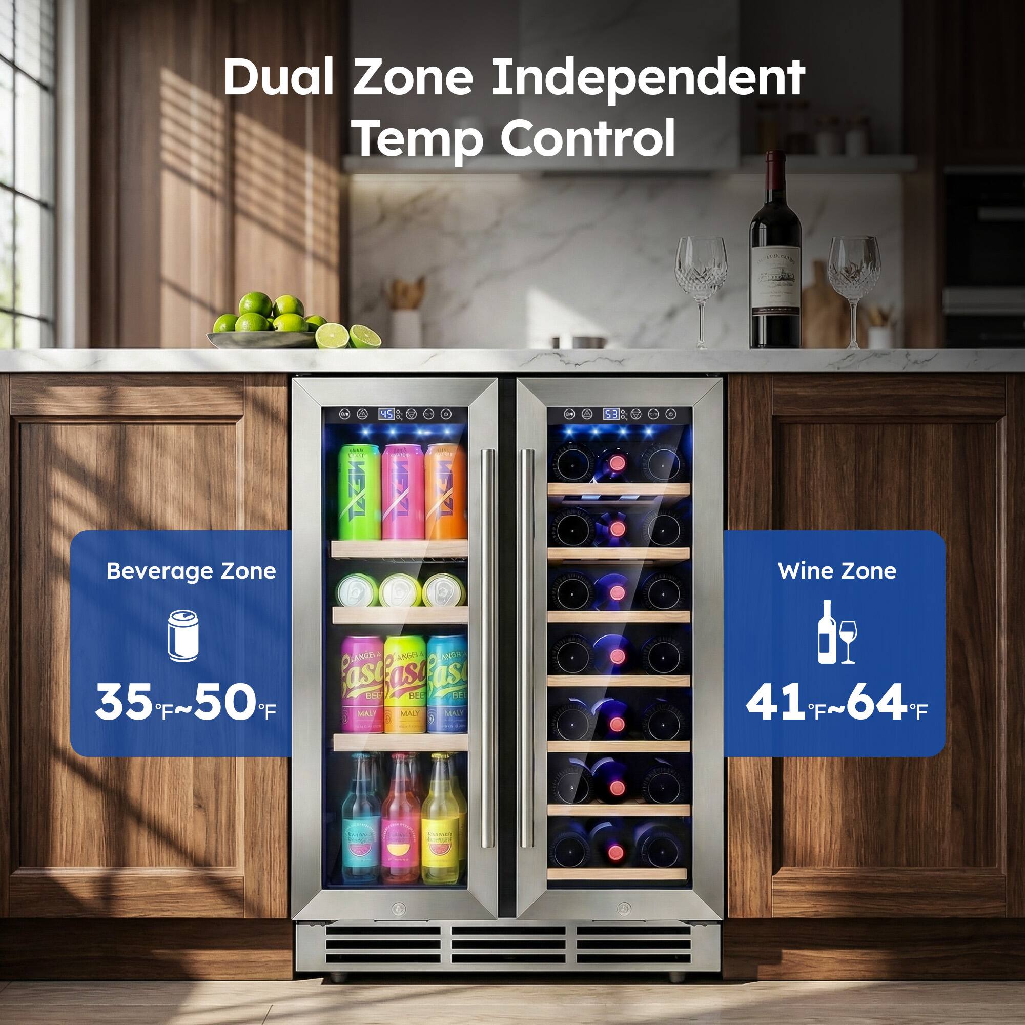 Dual Zone Independent Temp Control + S3:  
- Beverage Zone: 35°F ~ 50°F  
- Wine Zone: 41°F ~ 64°F