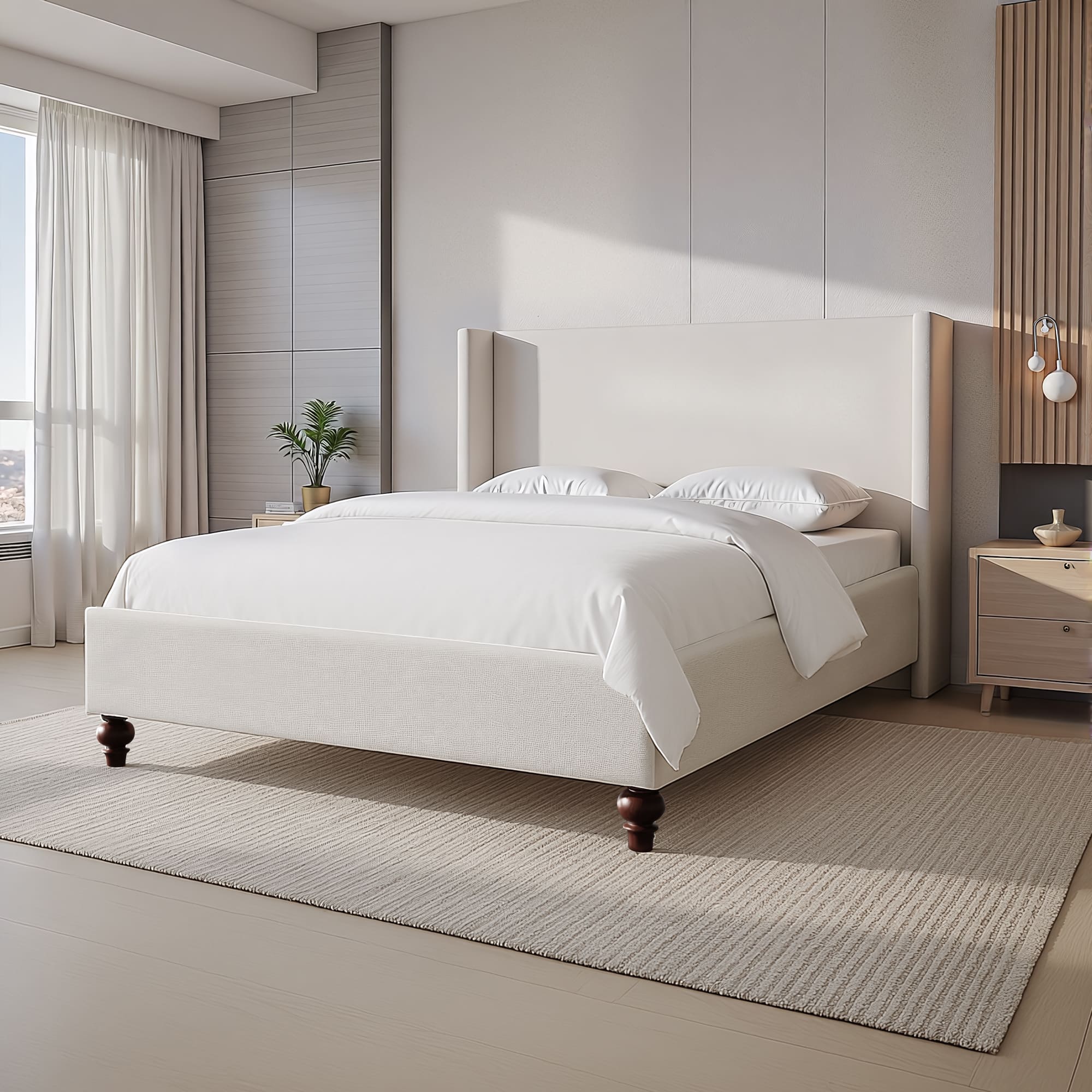 KERDOM - Platform Bed Frame With Chenille High Headboard & Strong Legs, Tall Wingback, Noise-Free, 800lbs Capacity, Widen Side - White