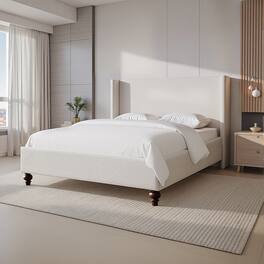 KERDOM - Platform Bed Frame With Chenille High Headboard & Strong Legs, Tall Wingback, Noise-Free, 800lbs Capacity, Widen Side - White