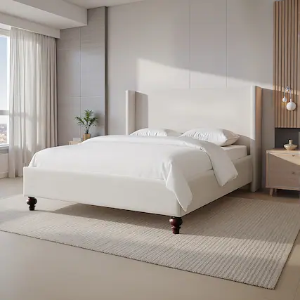 Front. KERDOM - Platform Bed Frame With Chenille High Headboard & Strong Legs, Tall Wingback, Noise-Free, 800lbs Capacity, Widen Side - White.