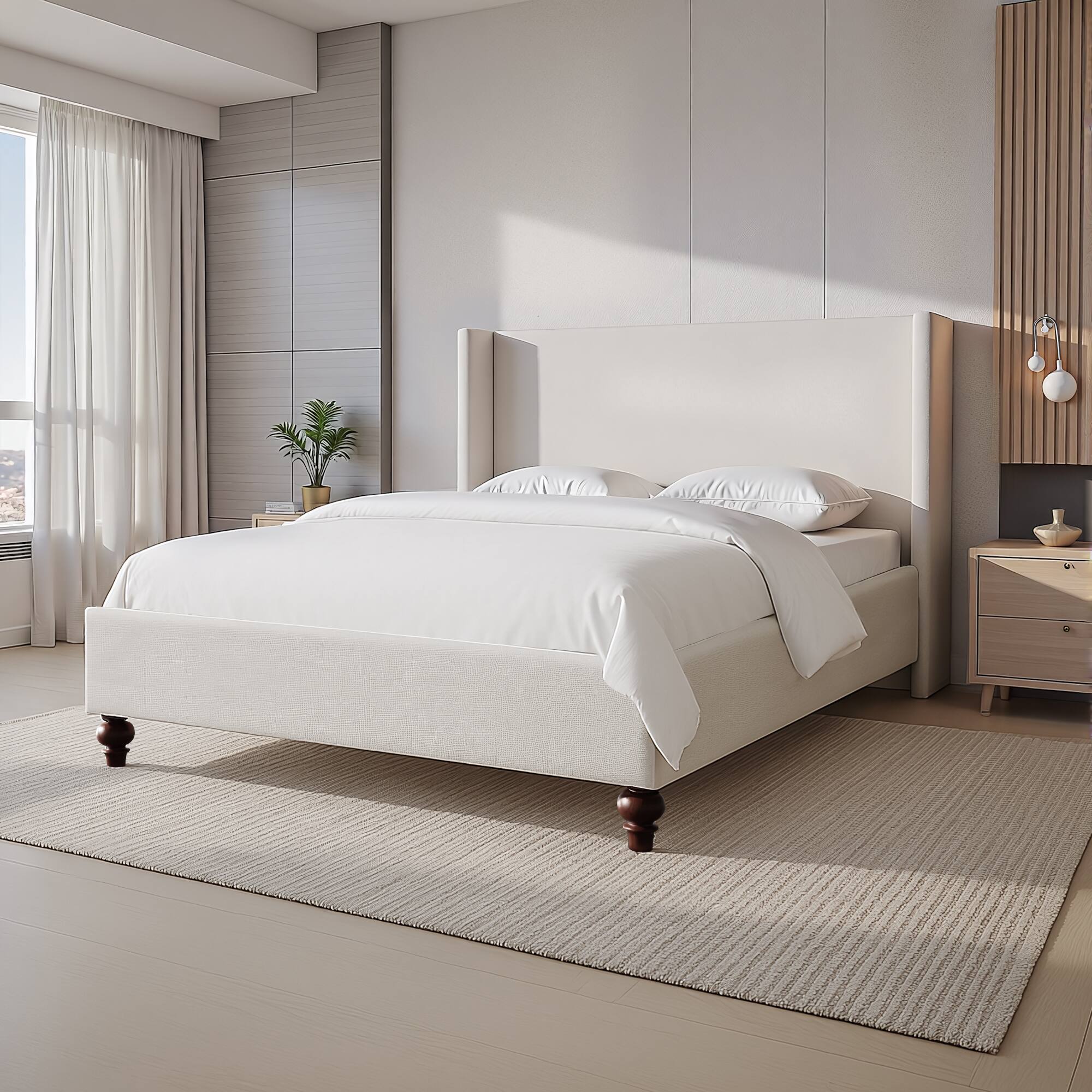 KERDOM - Platform Bed Frame With Chenille High Headboard & Strong Legs, Tall Wingback, Noise-Free, 800lbs Capacity, Widen Side - White