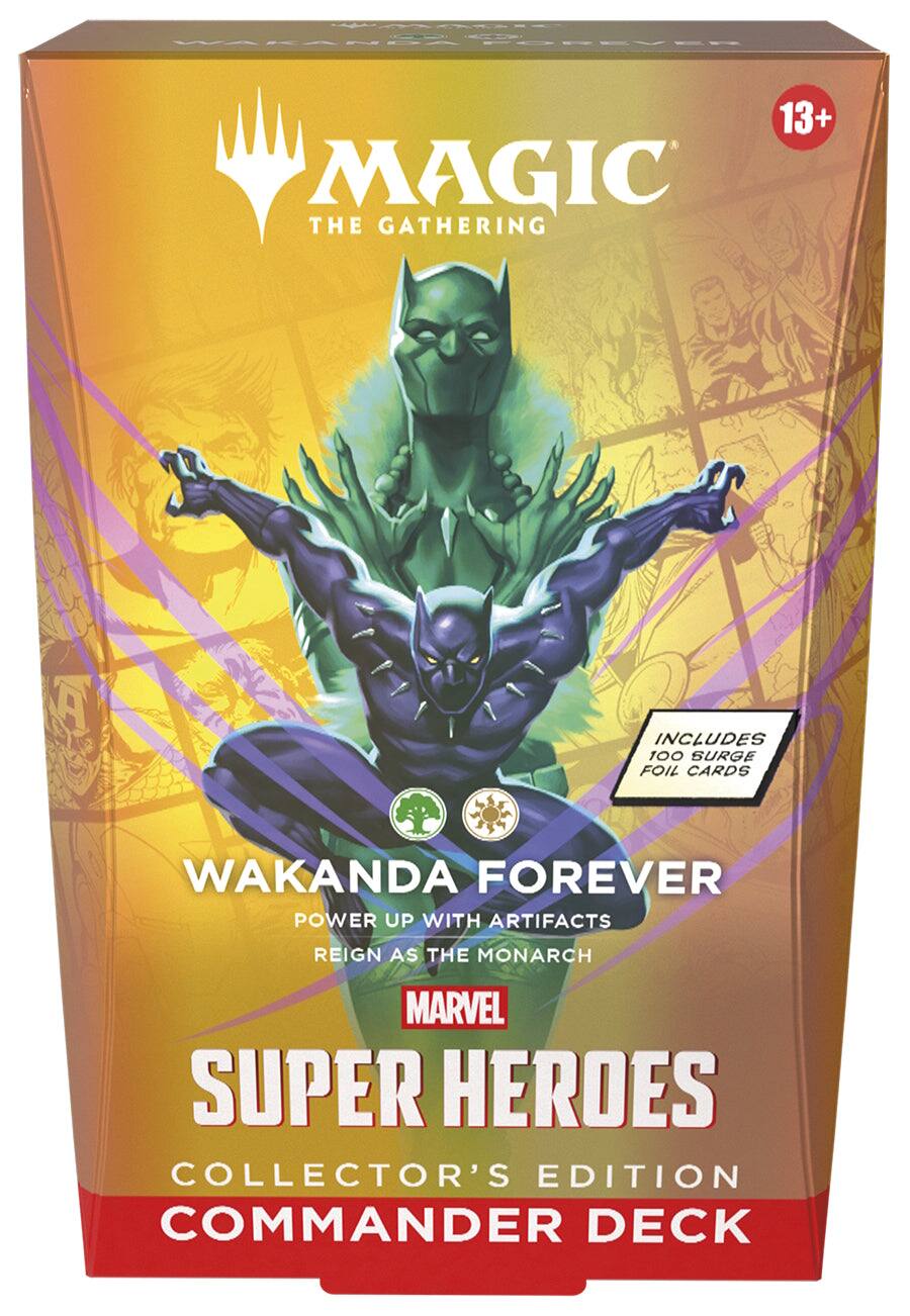 WARARDA FOREVER 13+ MAGIC THE GATHERING A INCLUDES 100 SURGE FOIL CARDS WAKANDA FOREVER POWER UP WITH ARTIFACTS REIGN AS THE MONARCH MARVEL SUPER HEROES COLLECTOR'S EDITION COMMANDER DECK