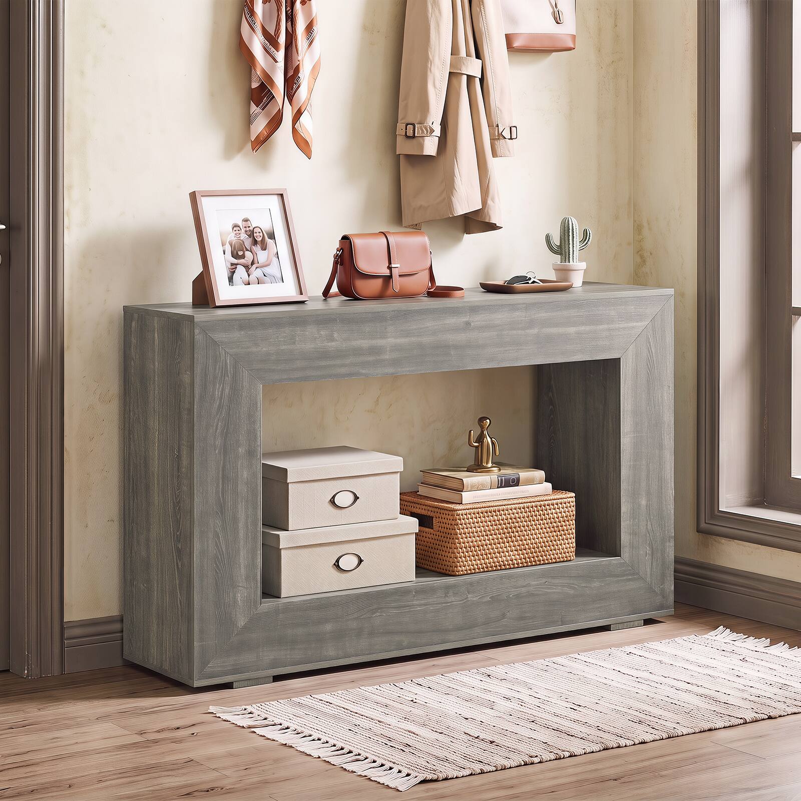 Alt View 4. Costway - Costway 47" Farmhouse Console Table 2-Tier Sofa Table Behind Couch with Open Storage Shelf - Gray Oak.
