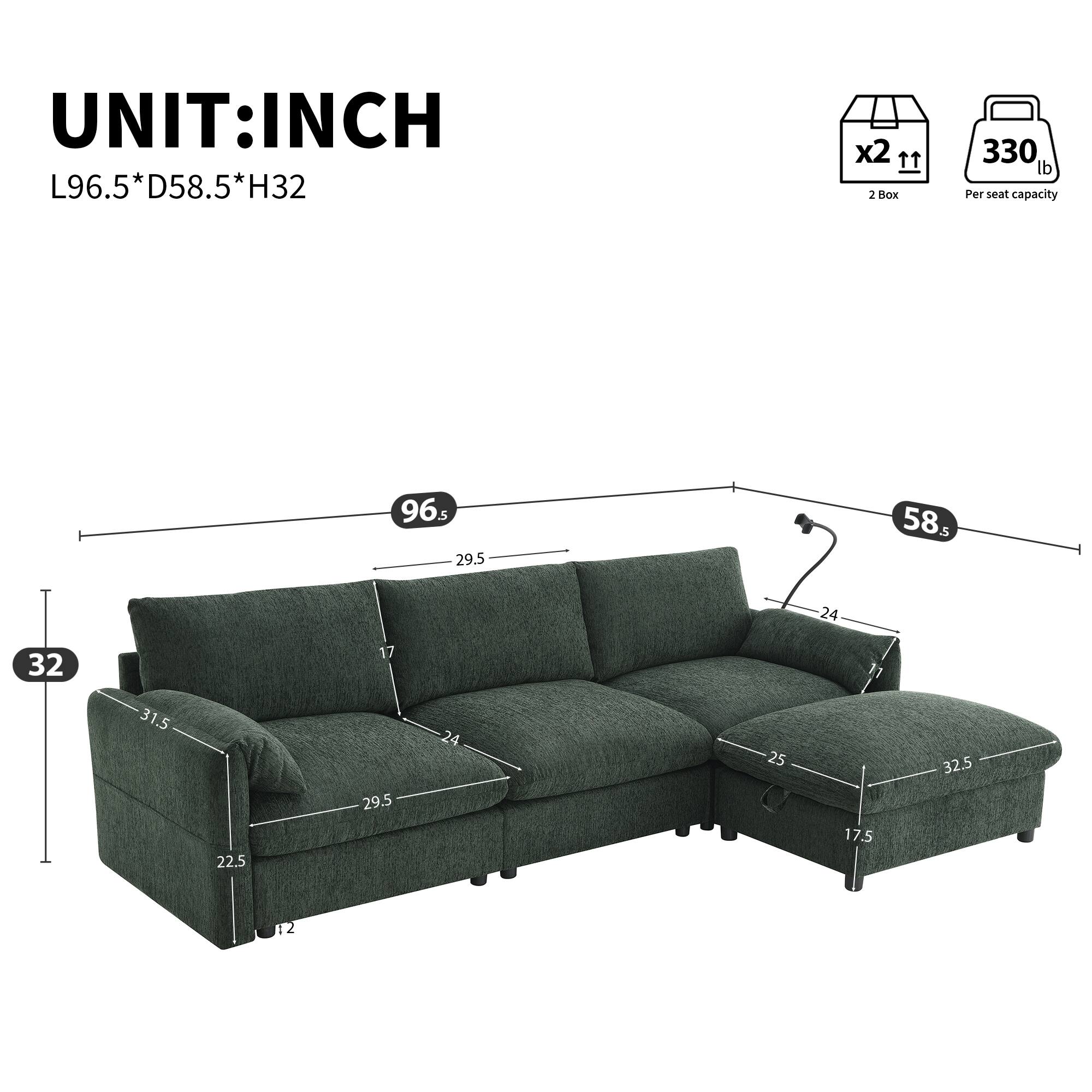 UNIT: INCH  
L96.5 * D58.5 * H32  

2 Box  
330 lb Per seat capacity  

96.5  
58.5  
32  
29.5  
24  
31.5  
22.5  
29.5  
24  
25  
17.5  
32.5  
12