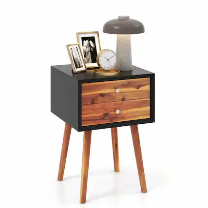 Front. Costway - End Table with Drawers and Storage Wooden Mid-Century Accent Side Table - Black.