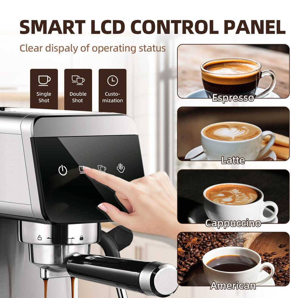 SMART LCD CONTROL PANEL  
Clear display of operating status

- Single Shot
- Double Shot
- Customization

Espresso  
Latte  
Cappuccino  
American