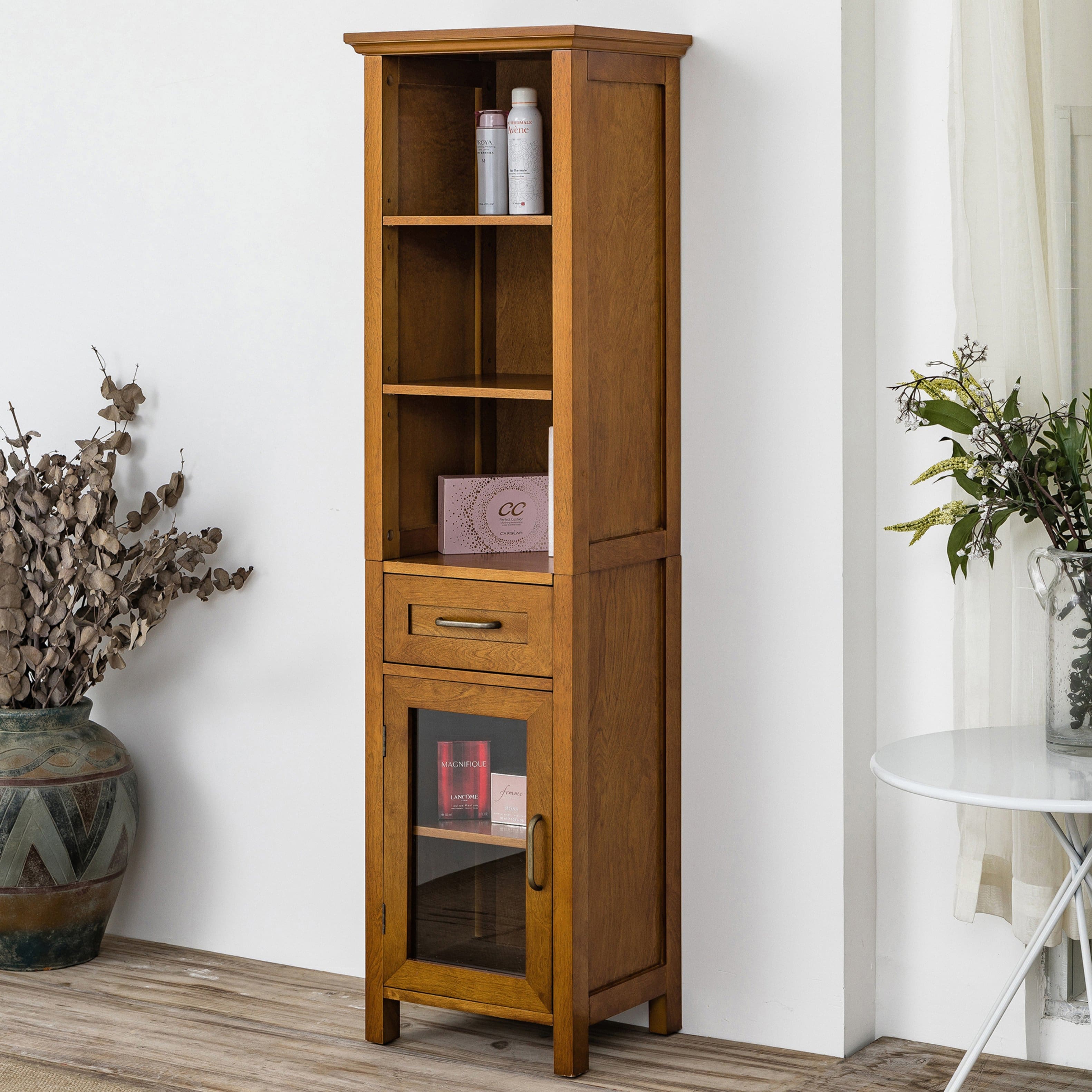 Teamson Home - Avery Freestanding Multifunctional Linen Cabinet, Oiled Oak - Tan