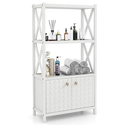Front. Ecooso - Freestanding Bathroom Storage Cabinet with Double Doors and Open Shelves Organizer - White.