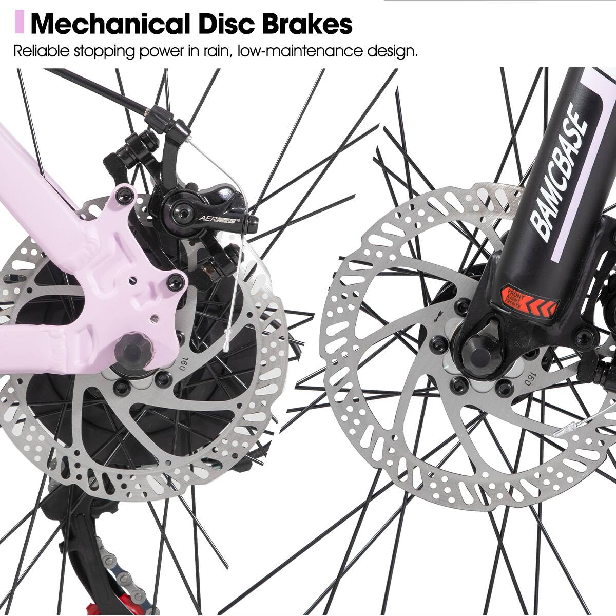 Mechanical Disc Brakes  
Reliable stopping power in rain, low-maintenance design.  

AERES X BAMCBASE FRONT TRENTE 160 160