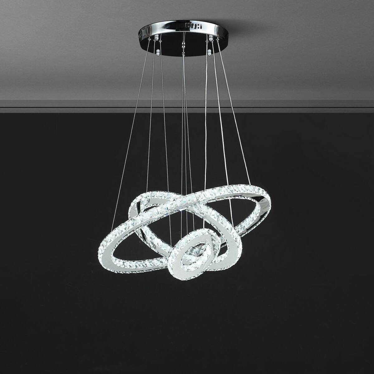 Alt View 1. Loheer - Loheer Triple Ring LED Chandelier with Adjustable Height, Dimmable Crystal Light in Silver.