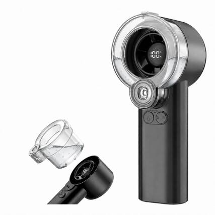 Front. PRIMEPLUS - 2-in-1 Handheld Misting Fan, 5 Speeds & LED Display, Portable Water Spray, Rechargeable Mini Cooling Fan for Travel - Black.