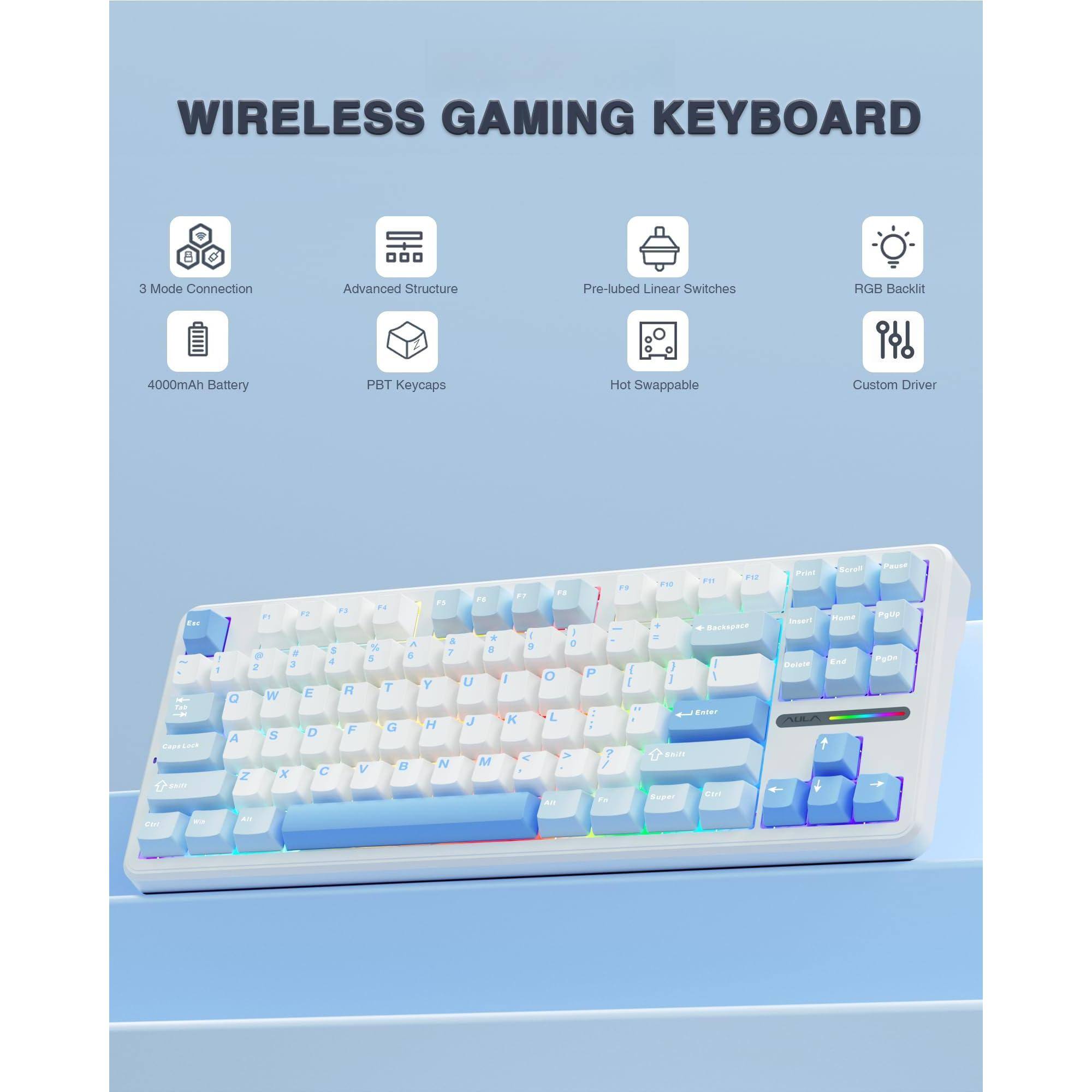 WIRELESS GAMING KEYBOARD

- 3 Mode Connection
- Advanced Structure
- Pre-lubed Linear Switches
- RGB Backlit
- 4000mAh Battery
- PBT Keycaps
- Hot Swappable
- Custom Driver