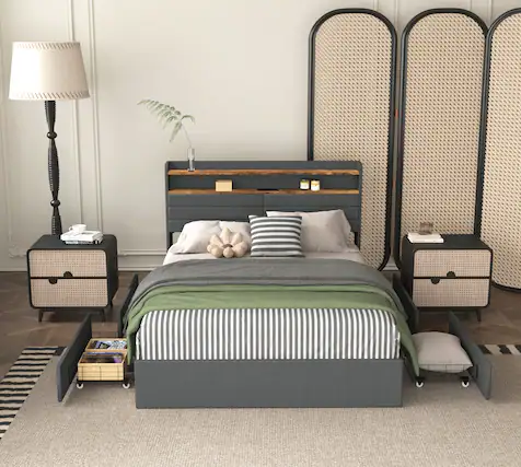 Front. LUCKY ONE - Queen Size Upholstered Bed Frame with 4 Storage Drawers - Black+ Gray.
