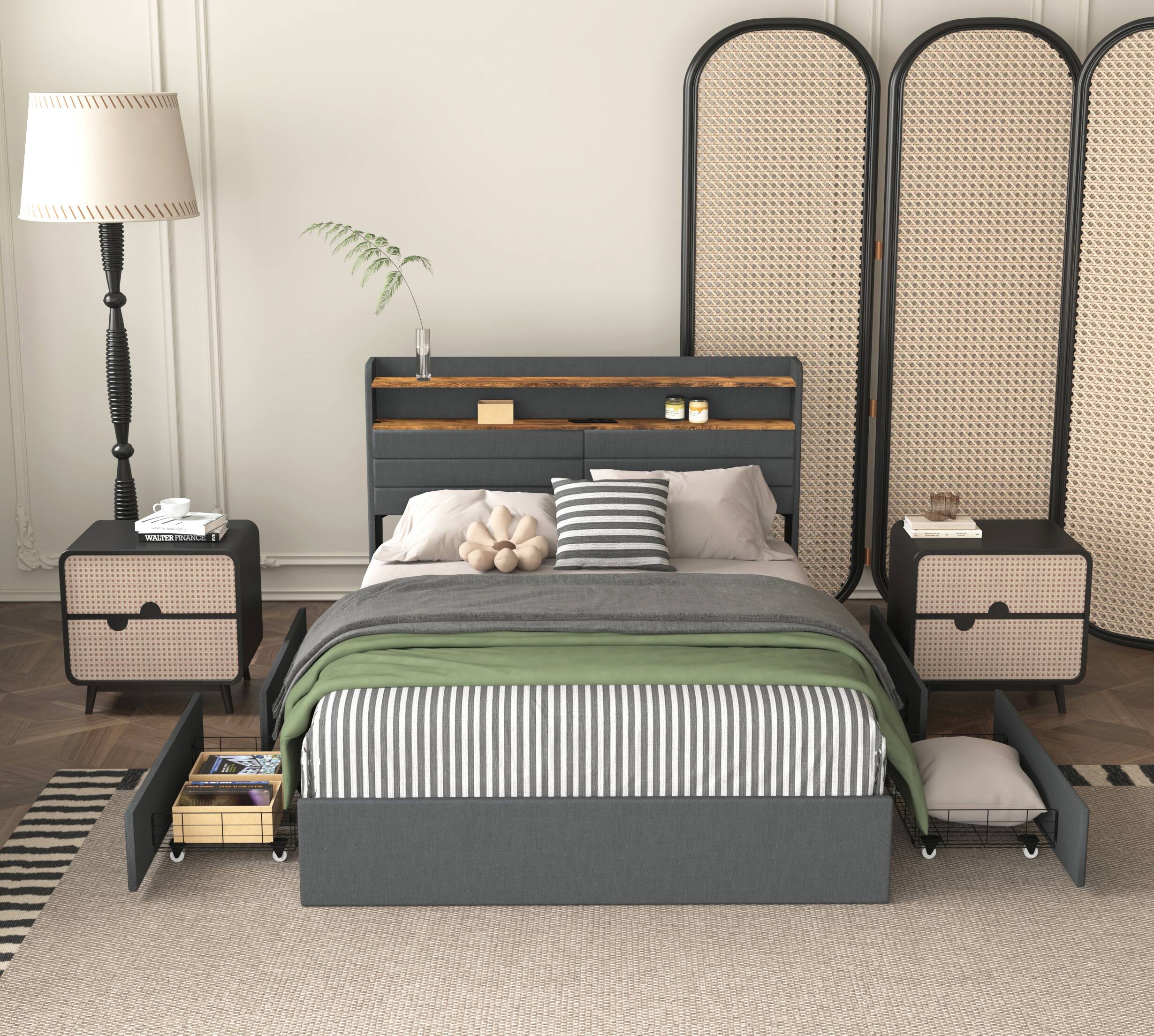 Front. LUCKY ONE - Queen Size Upholstered Bed Frame with 4 Storage Drawers - Black+ Gray.