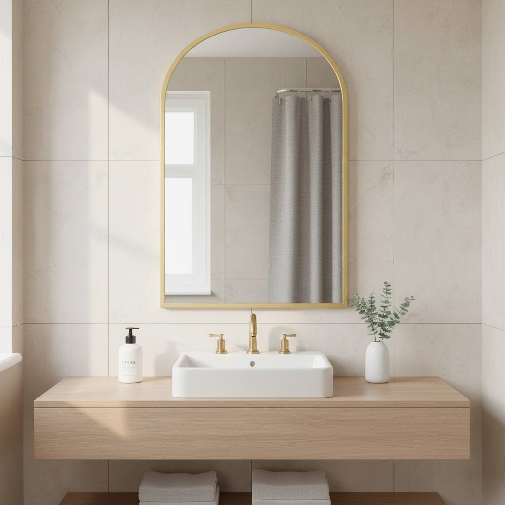 Angle. AOITUN - Arched Gold Bathroom Mirror 20x30 for Home Office Decor, Ideal for Desks with Drawers for Daily Use.