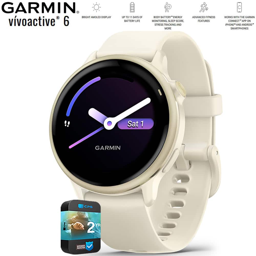 GARMIN  
vivoactive 6  

- BRIGHT AMOLED DISPLAY  
- UP TO 10 DAYS OF BATTERY LIFE  
- BODY BATTERY™ ENERGY MONITORING, SLEEP SCORE, STRESS TRACKING AND MORE  
- ADVANCED FITNESS FEATURES  
- WORKS WITH THE GARMIN CONNECT™ APP ON IPHONE® AND ANDROID® SMARTPHONES  

GARMIN CPS  
2 YR