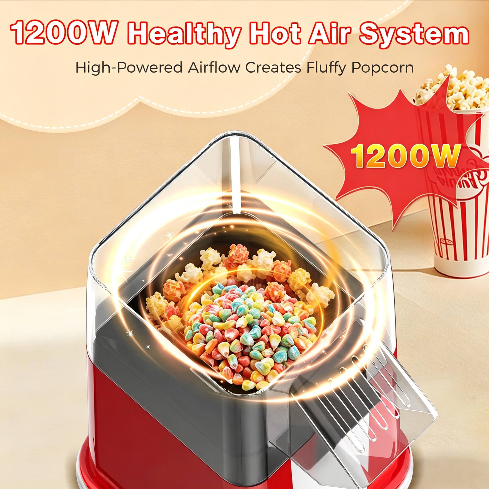 1200W Healthy Hot Air System  
High-Powered Airflow Creates Fluffy Popcorn  
1200W
