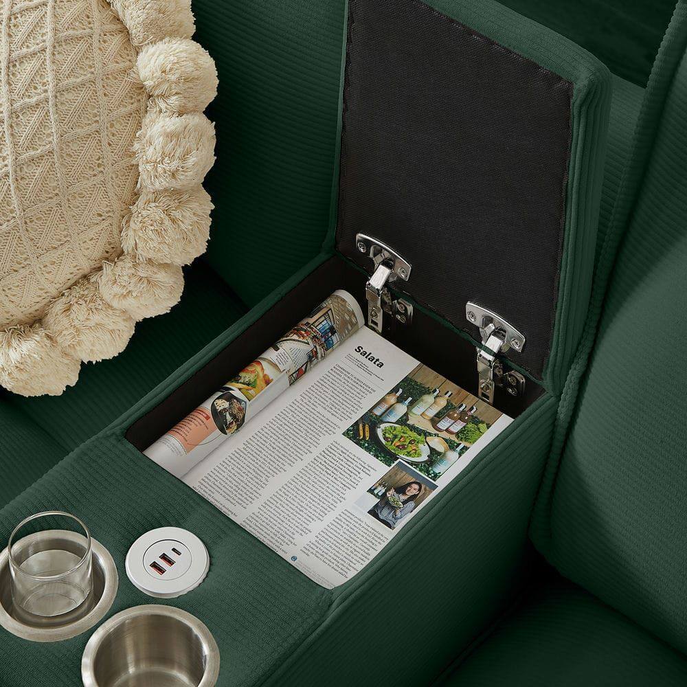 Alt View 9. Kadyn - 120" U-Shaped Sectional Sofa Bed, 4-Seater Corduroy with Storage and Built-In Cup Holders, Green - Green.
