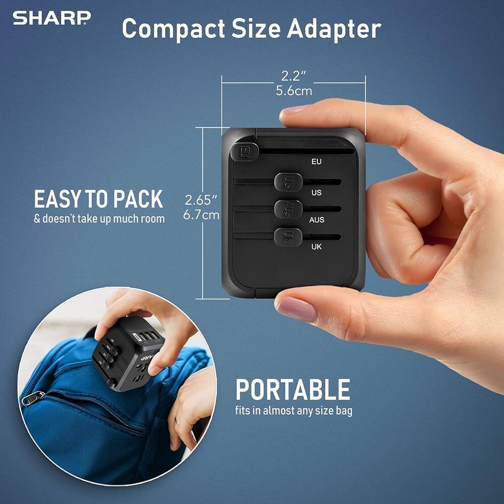 SHARP Compact Size Adapter

EASY TO PACK & doesn't take up much room

2.2" 5.6cm

2.65" 6.7cm

PORTABLE fits in almost any size bag