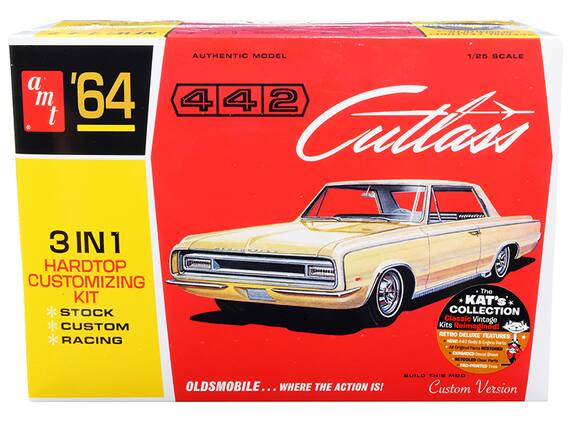 AUTHENTIC MODEL
1/25 SCALE
a m t '64
442 Cutlass
3 IN 1
HARDTOP CUSTOMIZING KIT
* STOCK
* CUSTOM
* RACING
OLDSMOBILE... WHERE THE ACTION IS!
The KAT'S COLLECTION
Classic Vintage Kits Reimagined!
RETRO DELUXE FEATURES
* NEW! 442 Body & Engine Parts
* Original Parts RESTORED EXPANDED
* RETOOLED Clear Parts
* PAD-PRINTED Tires
BUILD THIS MOD Custom Version