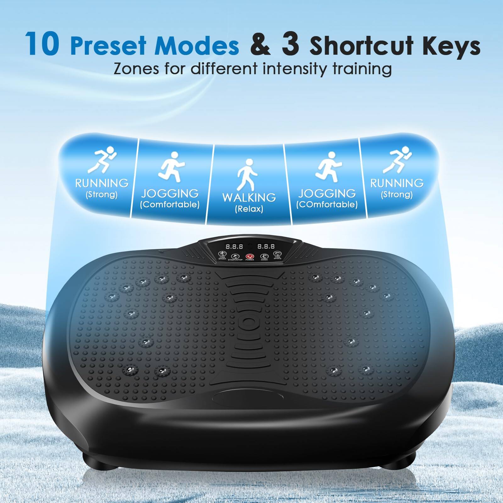 10 Preset Modes & 3 Shortcut Keys  
Zones for different intensity training  

RUNNING (Strong)  
JOGGING (Comfortable)  
WALKING (Relax)  
JOGGING (Comfortable)  
RUNNING (Strong)  

8.8.8  
8.B.B  

adidas