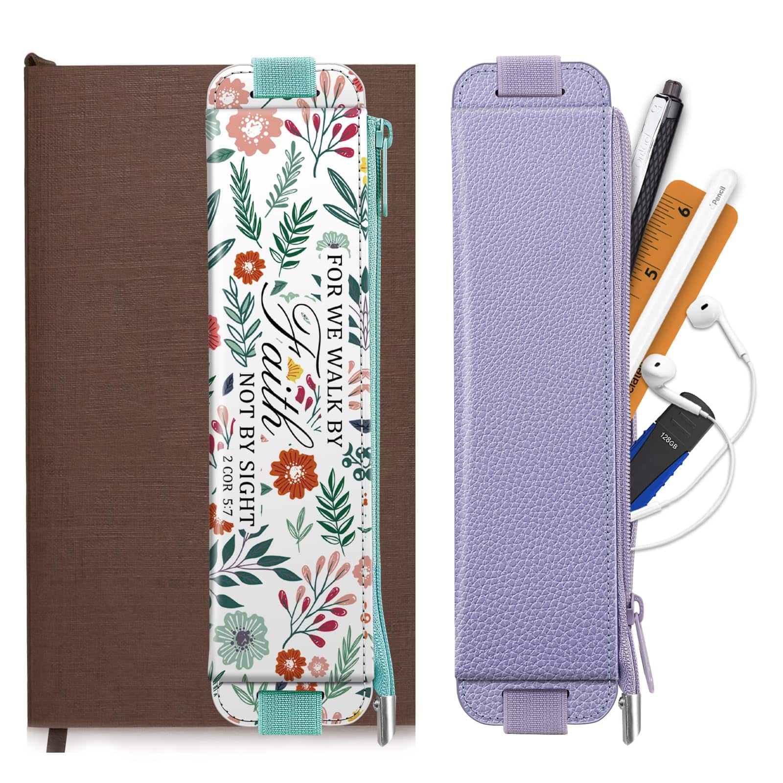 Dapper Styles - 2-pack Elastic Pen Holder For Notebook Leather Stationery Zipper Bag Pencils Markers Pouch W/elastic Band Journaling - Rose Gold