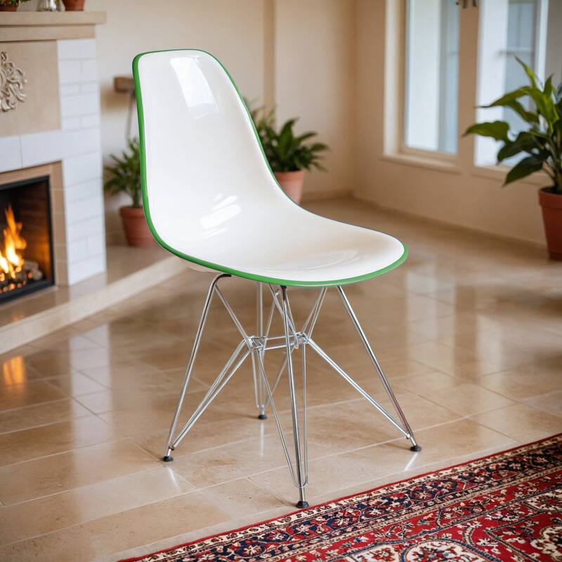 Angle. LeisureMod - Cresco Modern Acrylic Dining Chair, Ergonomic Curved Seat with Chrome Eiffel Base - White Green.