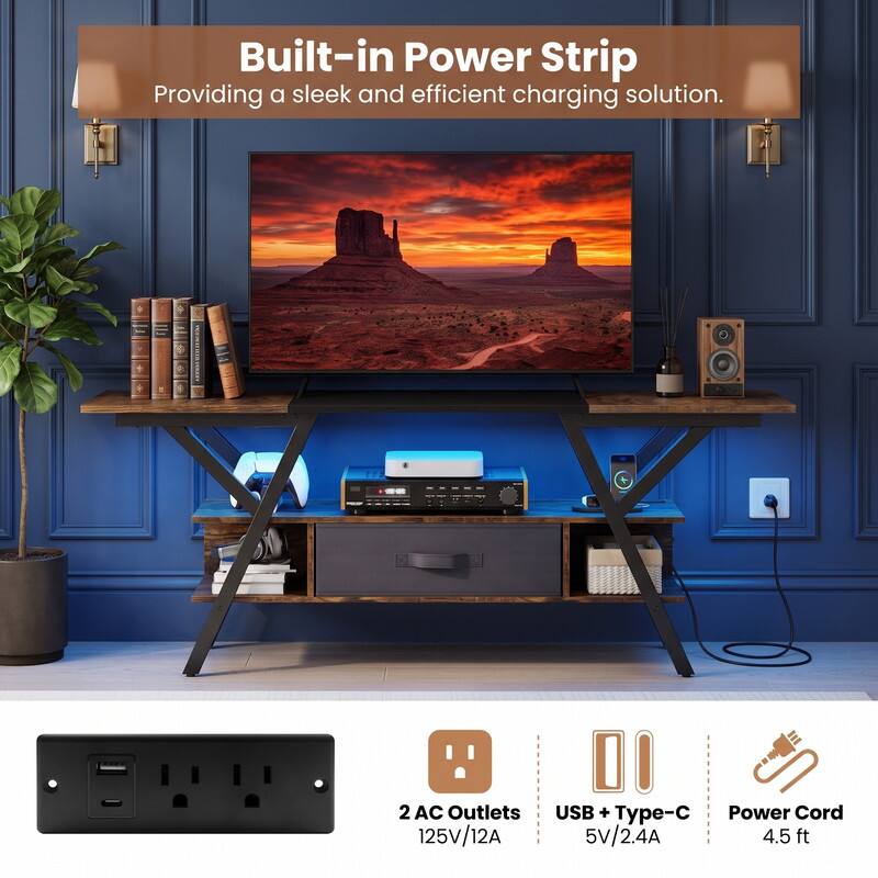 Built-in Power Strip  
Providing a sleek and efficient charging solution.  

2 AC Outlets  
USB + Type-C  
Power Cord  
125V/12A  
5V/2.4A  
4.5 ft