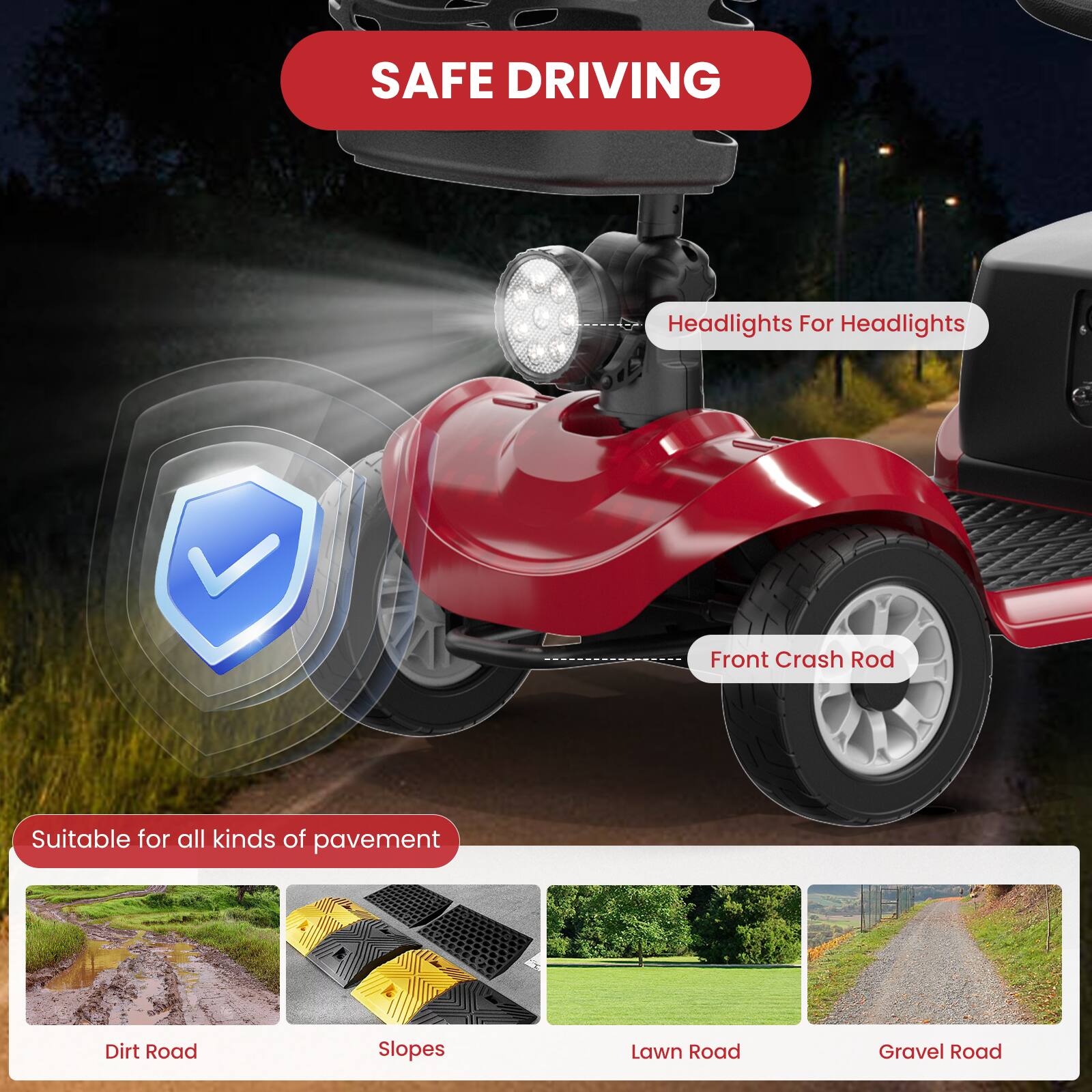 SAFE DRIVING
Headlights For Headlights
Front Crash Rod
Suitable for all kinds of pavement
Dirt Road
Slopes
Lawn Road
Gravel Road