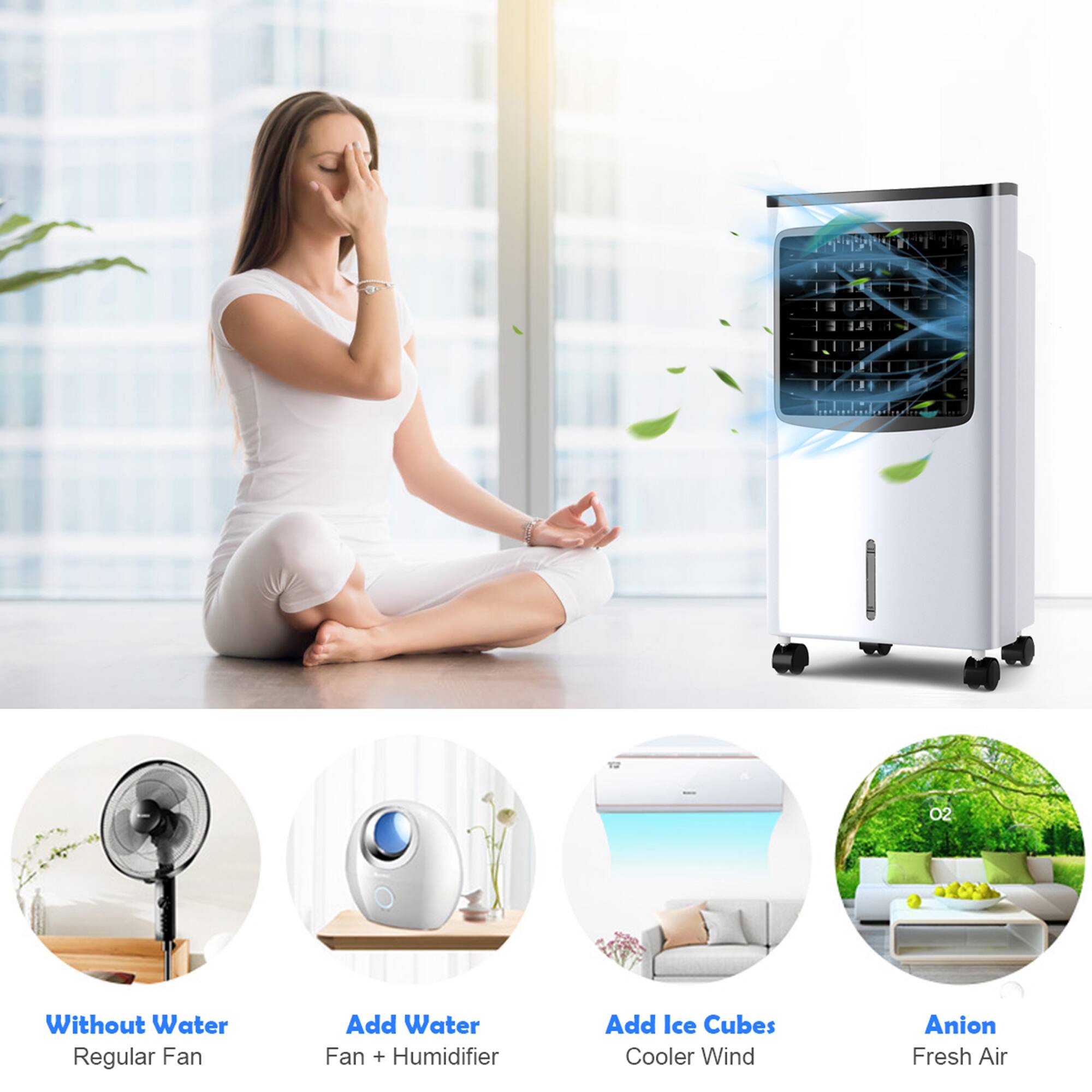 02 Without Water  
Regular Fan  
Add Water  
Fan + Humidifier  
Add Ice Cubes  
Cooler Wind  
Anion  
Fresh Air