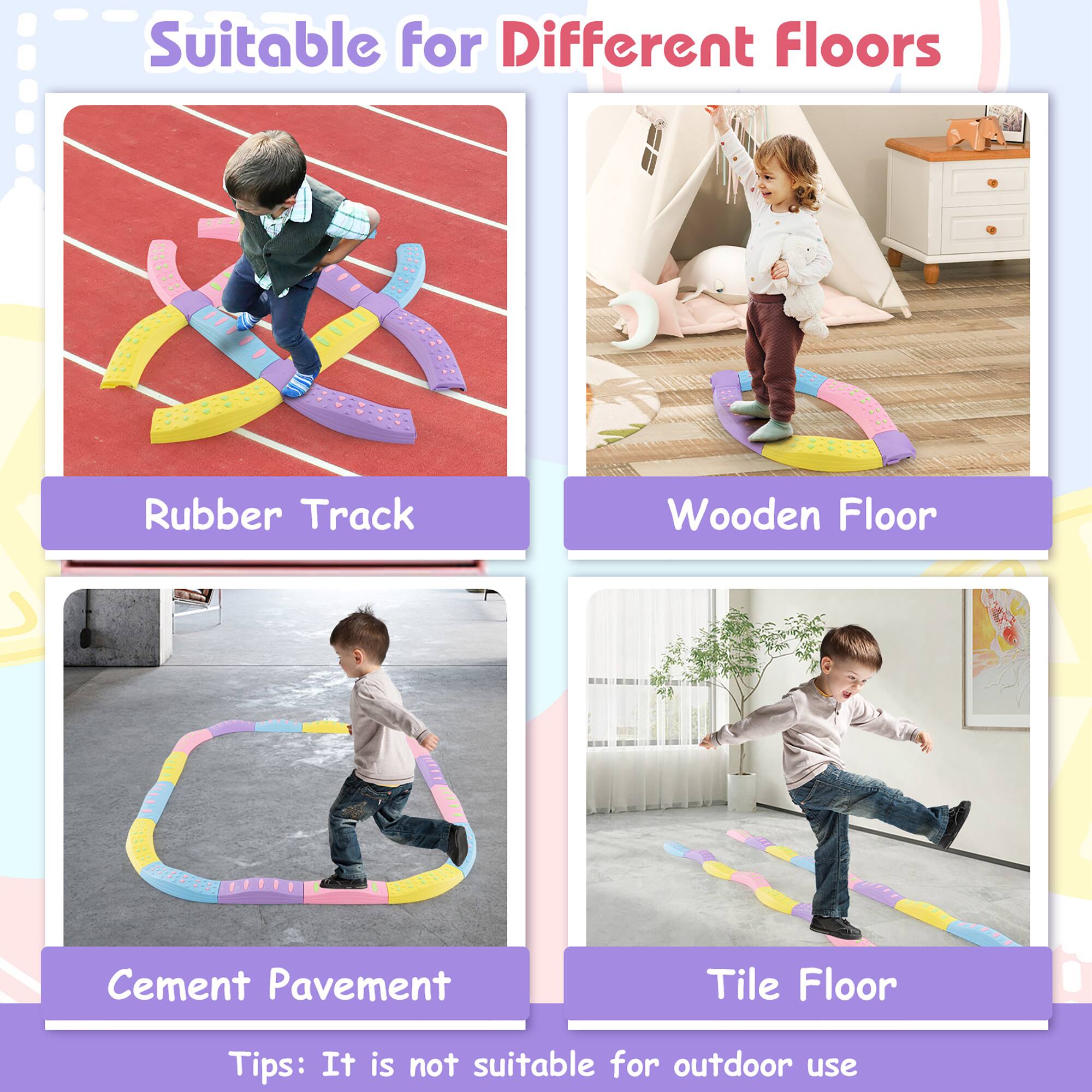 Suitable for Different Floors

Rubber Track  
Wooden Floor  
Cement Pavement  
Tile Floor  

Tips: It is not suitable for outdoor use