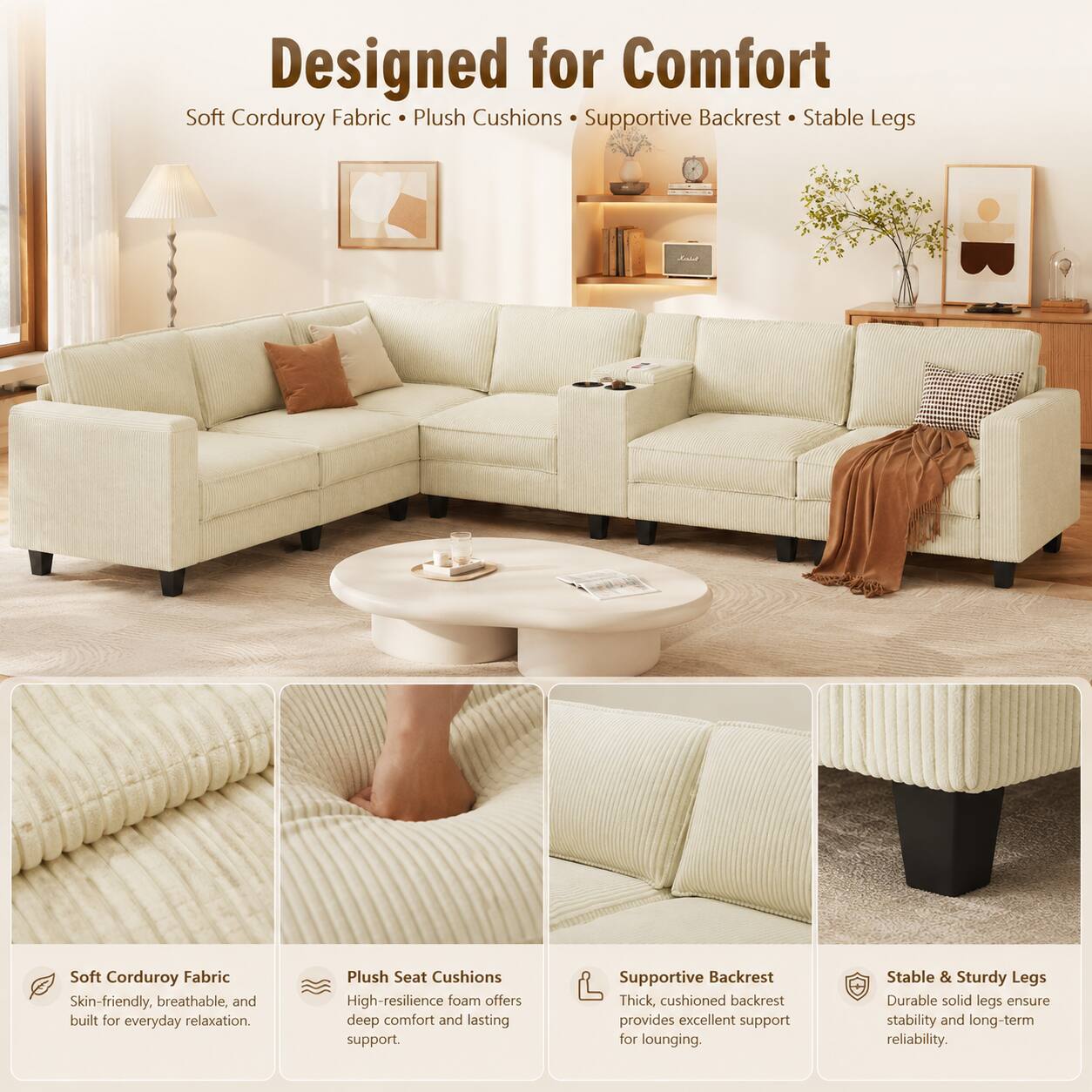 Designed for Comfort

Soft Corduroy Fabric
Skin-friendly, breathable, and built for everyday relaxation.

Plush Cushions
High-resilience foam offers deep comfort and lasting support.

Supportive Backrest
Thick, cushioned backrest provides excellent support for lounging.

Stable & Sturdy Legs
Durable solid legs ensure stability and long-term reliability.