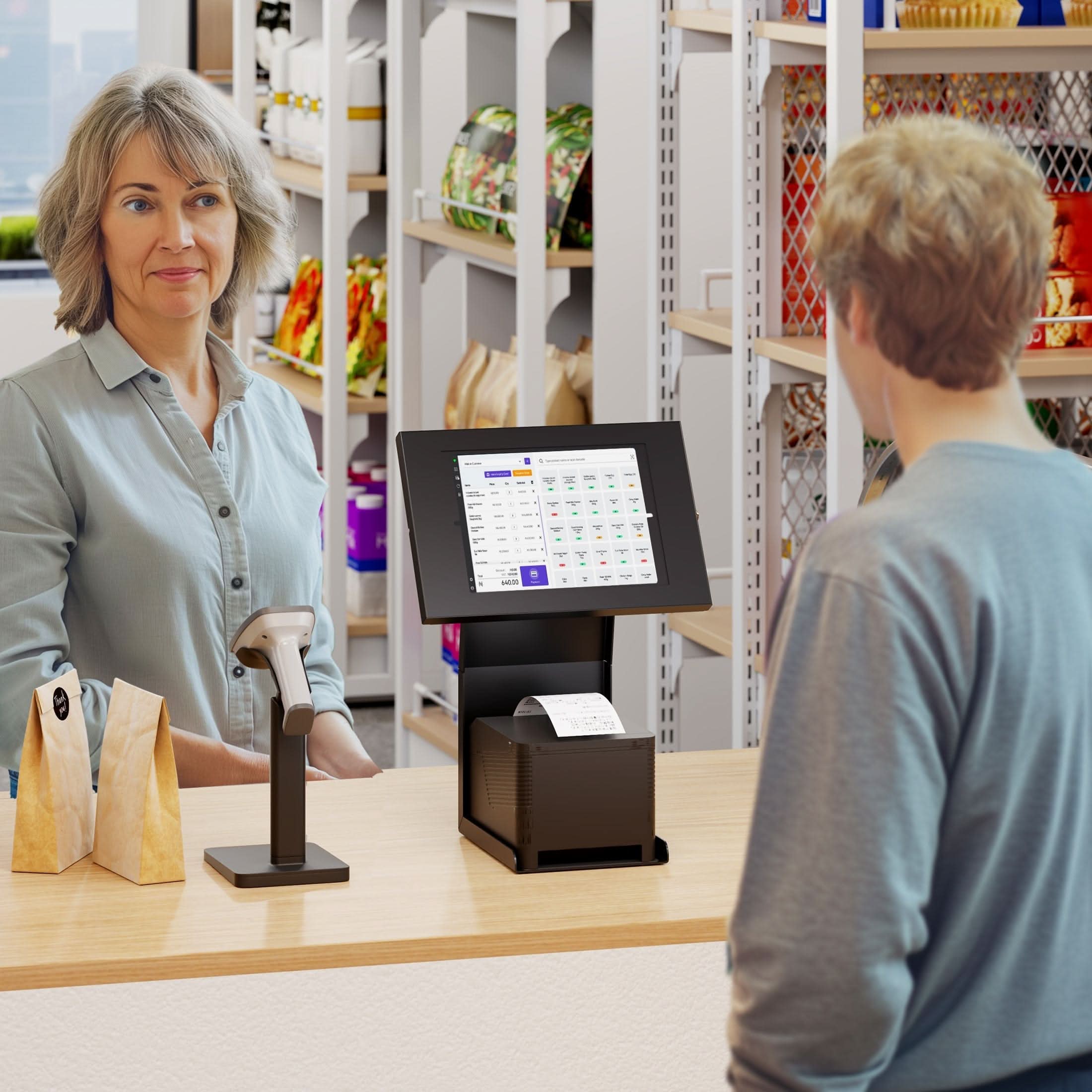 Angle. Mount-It! - Anti‑Theft Tablet Kiosk with Printer Shelf, Universal Tablet Holder with Tilt & Rotation for POS, Black - Black.