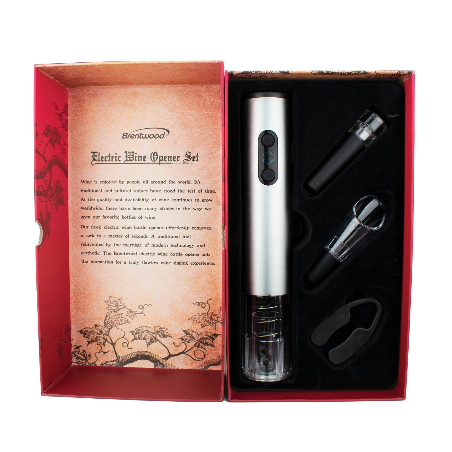 Brentwood  
Electric Wine Opener Set

Wine is enjoyed by people all around the world. Its traditional and cultural values have stood the test of time. As the quality and availability of wine continues to grow worldwide, there have been many strides in the way we open our favorite bottles of wine.

Our sleek electric wine bottle opener effortlessly removes a cork in a matter of seconds. A traditional tool reinvented by the marriage of modern technology and aesthetic. The Brentwood electric wine bottle opener sets the foundation for a truly flawless wine sipping experience.