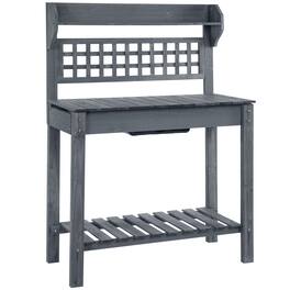 Outsunny - Outdoor Potting Bench Table, Wooden Workstation with Sliding Tabletop, Storage Shelf and Dry Sink, for Greenhouse - Gray