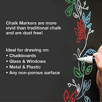 Chalk Markers are more vivid than traditional chalk and are dust free!

Ideal for drawing on:
- Chalkboards
- Glass & Windows
- Metal & Plastic
- Any non-porous surface