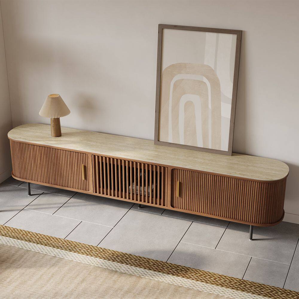 Angle. POVISON - 94"Mid-Century Modern Sintered Stone Tabletop TV Stand ,Walnut - Walnut with Sintered Stone.