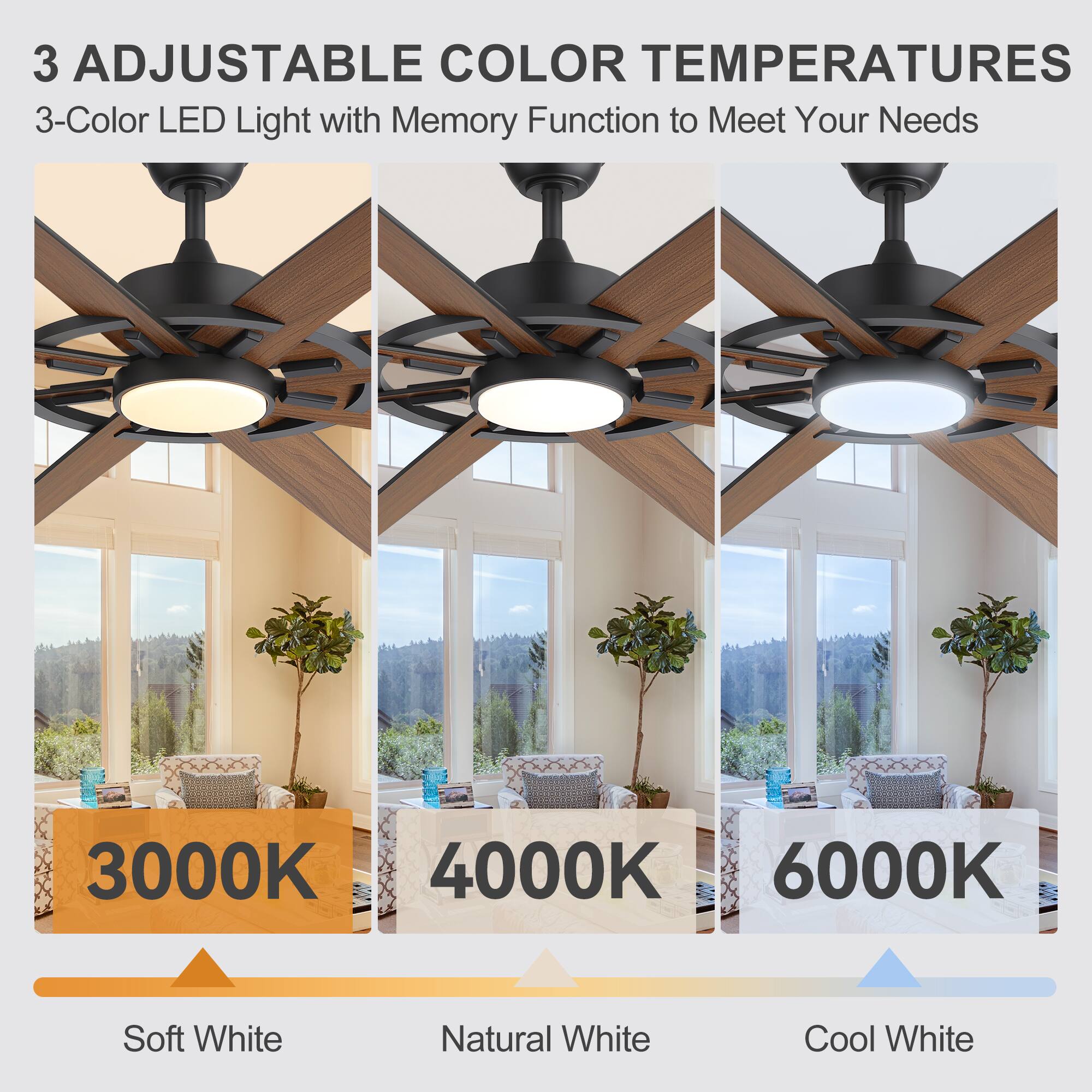 3 Adjustable Color Temperatures  
3-Color LED Light with Memory Function to Meet Your Needs  
3000K Soft White  
4000K Natural White  
6000K Cool White