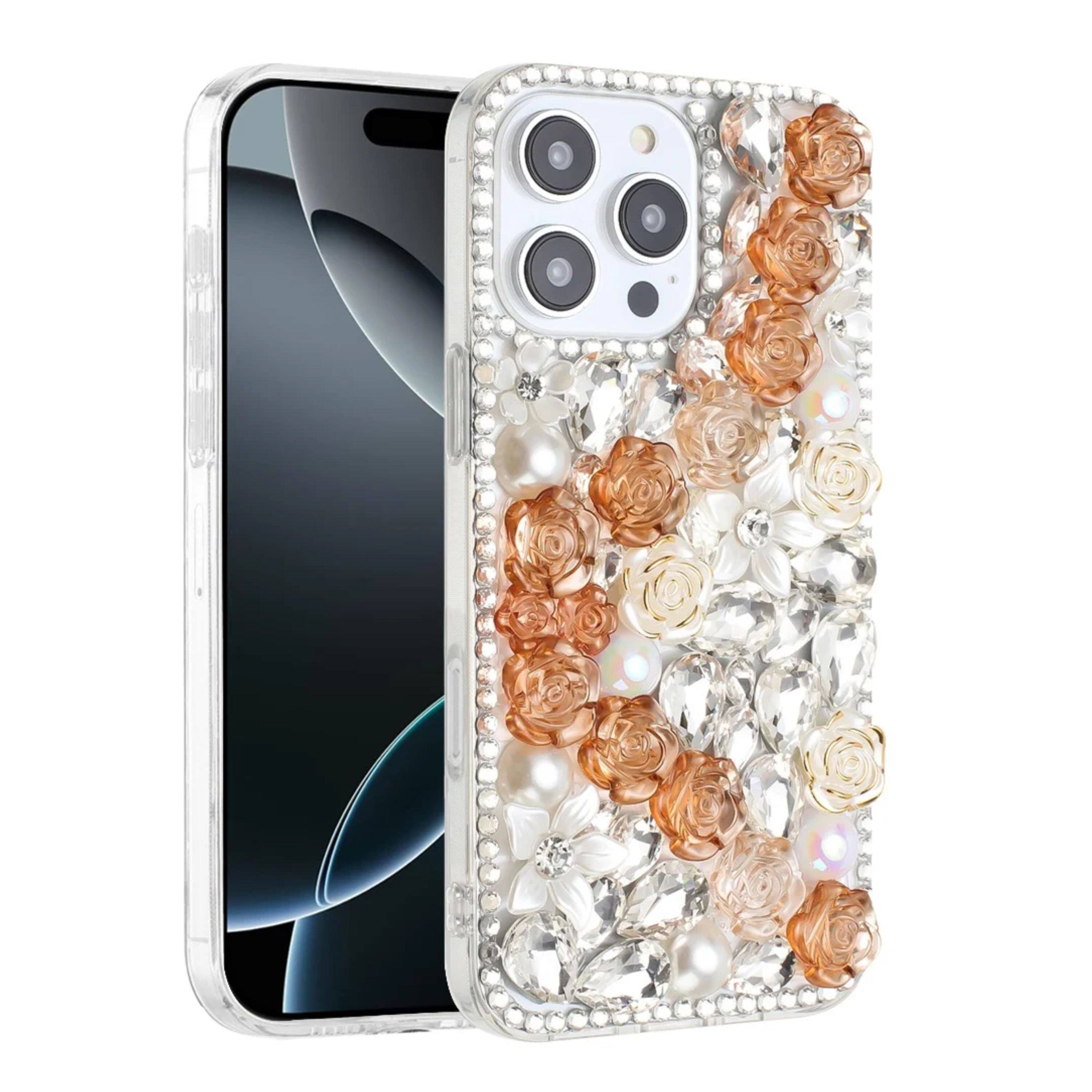 Front. Kitcheniva - Full Rhinestone 3D Rose Phone Case With Tempered Glass For iPhone 16 Pro Gold - Gold.