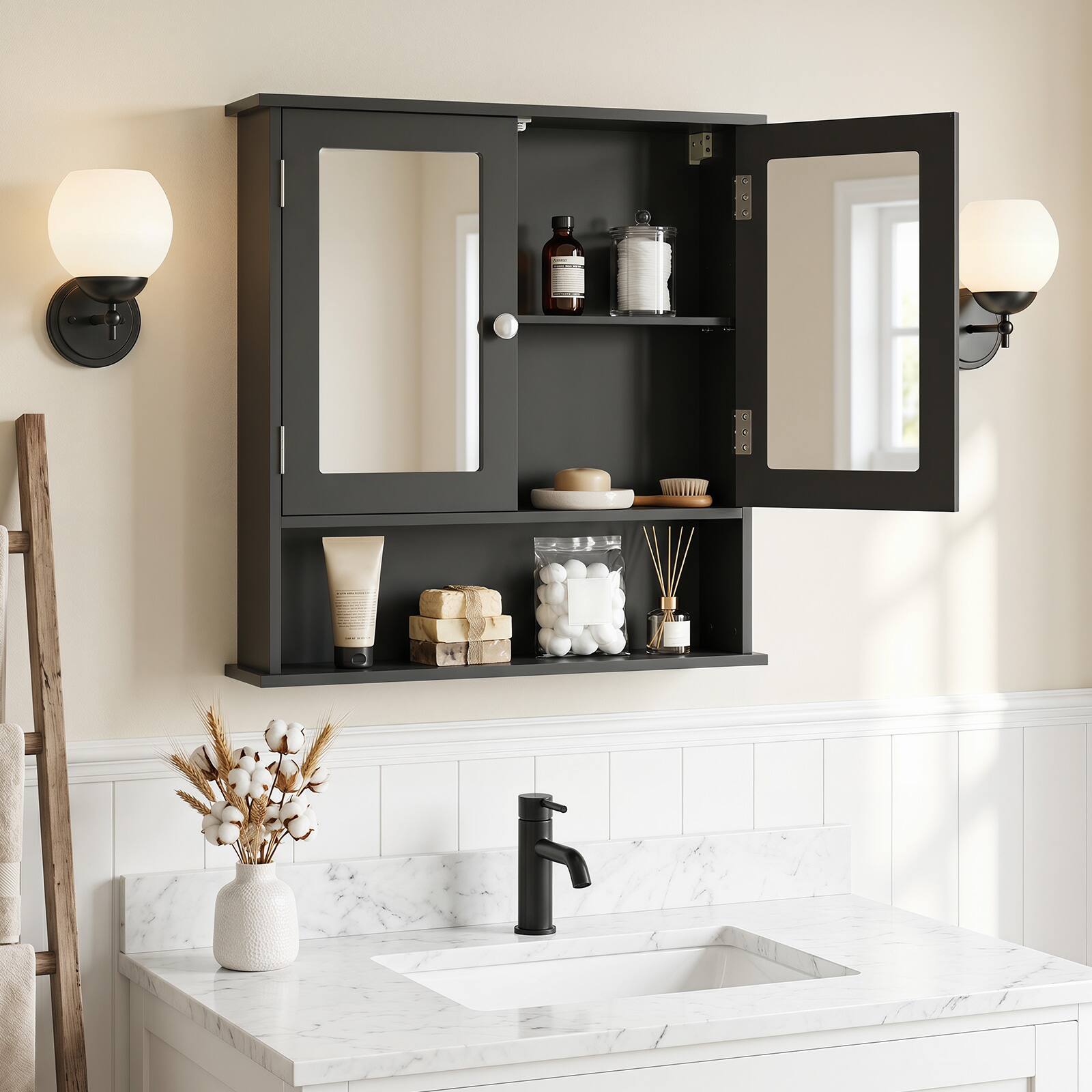 Alt View 1. Costway - Costway Wall Mount Mirror Cabinet Bathroom Medicine Cabinet Organizer Black - Black.
